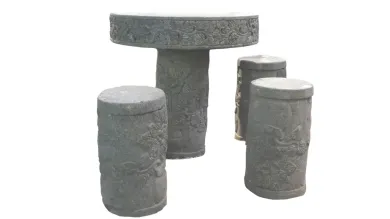 Garten-Set, 4x Steinhocker mit Tisch 70cm D 