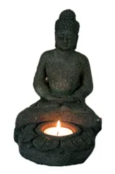 Sitzender Buddha mit Teelicht, 18 cm, schwarz 