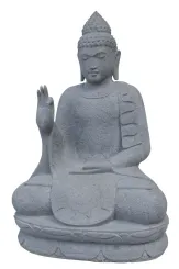 Sitzender Buddha mit floraler Schnitzerei - Abhaya-Stellung. Etwa 100cm Höhe. Naturstein (Flussstein), Steinmetzarbeiten 