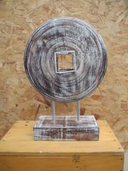 Chinese coin on wooden base. 35cm high softwood, metal stand, 24x10x35h white varnished 