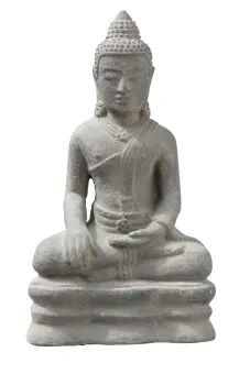 Sitting buddha, laotian, cast lava stone, handcrafted & coloured, 16x11x30 cm 