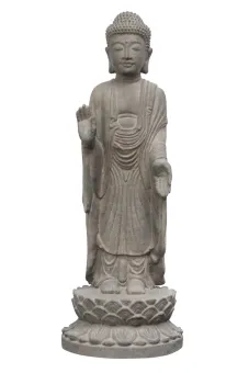 Stehender Buddha, Indien, Formstein / geschnitzt, handgefertigt & farbig. Die Höhe beträgt 60 cm. Gefärbt in der Farbe antik finish 