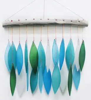 Glass wind chime "leaves", sea coloured, 30 cm H 