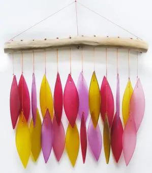 Glass wind chime "leaves", fire-coloured, 30 cm H 