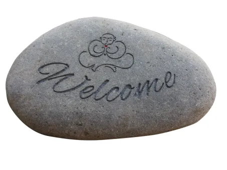 SALE - Grey pebble with lettering Welcome and Lucky Buddha 