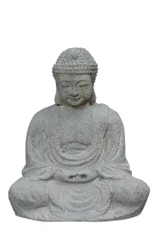Sitzender Buddha, Japanisch, Formstein, geschnitzt, handgefertigt & farbig antikisiert 