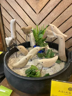 Set von 12 Holzvögeln in einer Kiste, 6 mit Füßen und 6 mit Metallstab 3mm 