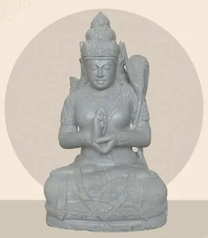 Seated Dewi Sri, position chakra turning the wheel, 73cm high riverstone grey, model with sativa. There is a stone eye on the left temple. 