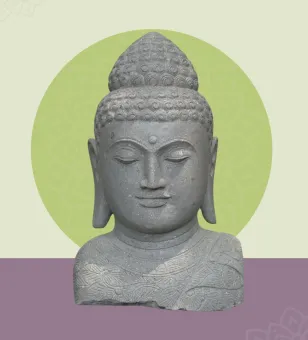 Buddha bust with floral carving, 40 x 40 x 80cm. Natural stone (river stone), stonemasonry 