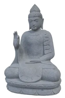 Sitzender Buddha mit floraler Schnitzerei - Abhaya-Stellung. Etwa 100cm Höhe. Naturstein (Flussstein), Steinmetzarbeiten 